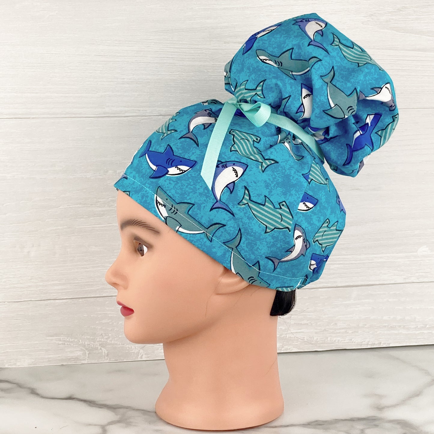 Sharks on Turquoise Updo Scrub Cap