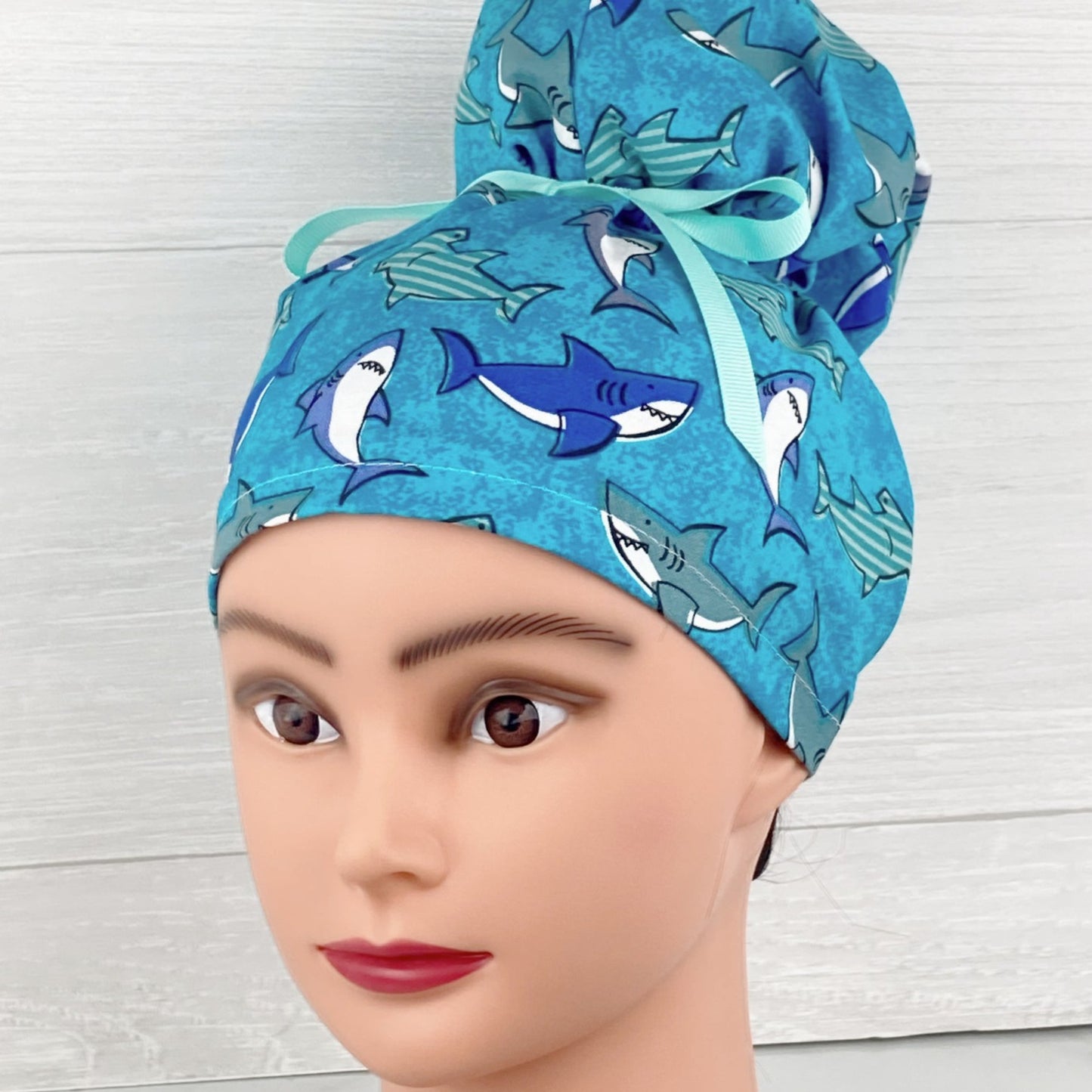Sharks on Turquoise Updo Scrub Cap