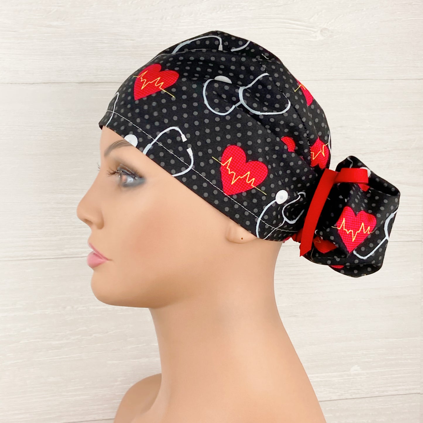 Hearts and Stethoscopes Ponytail Scrub Hat