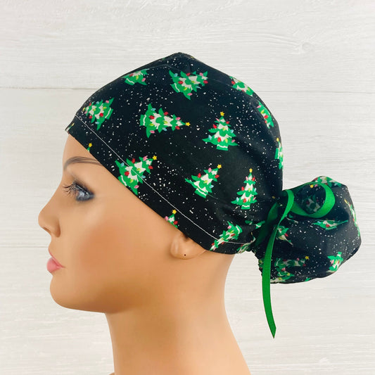 Christmas Trees on Black Ponytail Hat