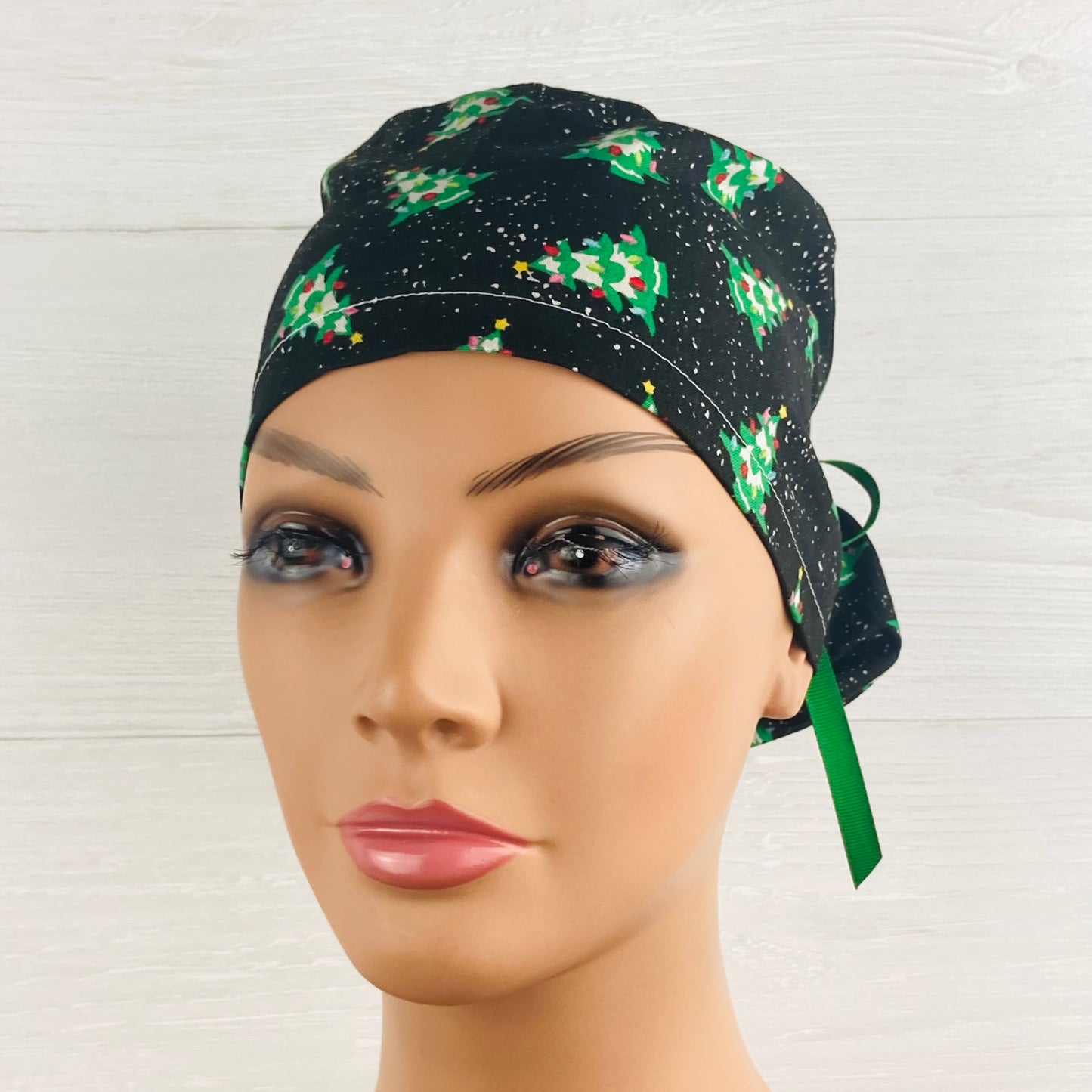 Christmas Trees on Black Ponytail Hat