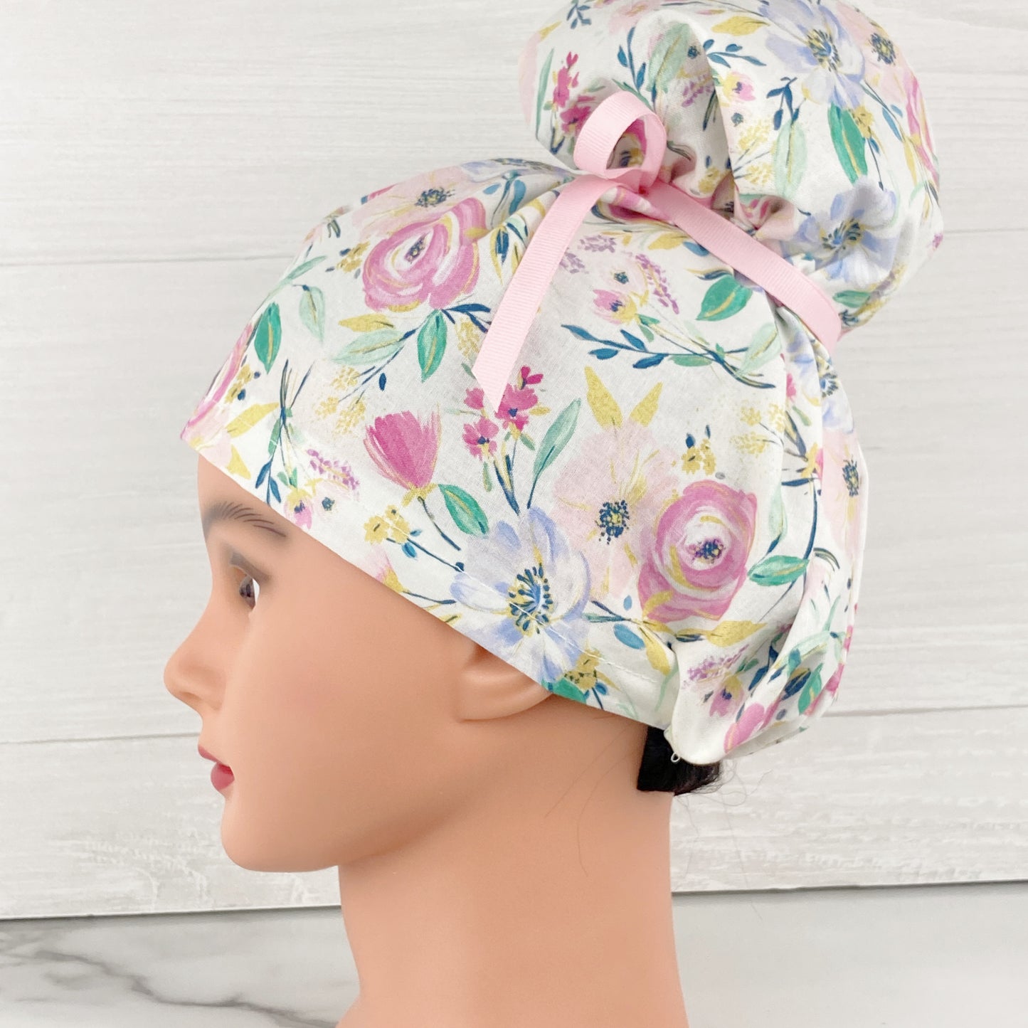 White Spring Floral Updo Scrub Cap