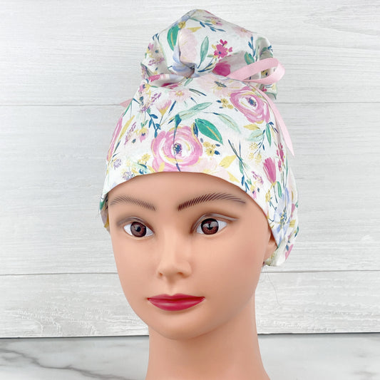 White Spring Floral Updo Scrub Cap