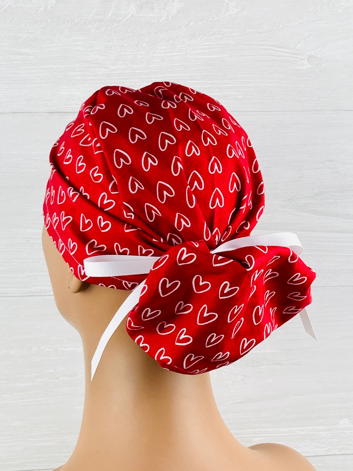 White Hearts on Red Ponytail Hat