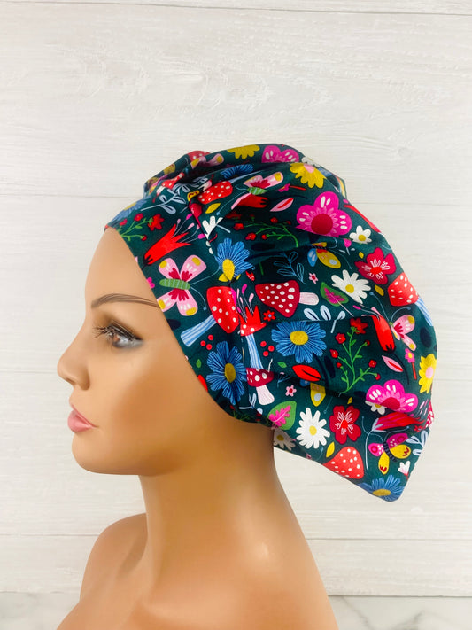 Mushroom Floral Bouffant Scrub Cap