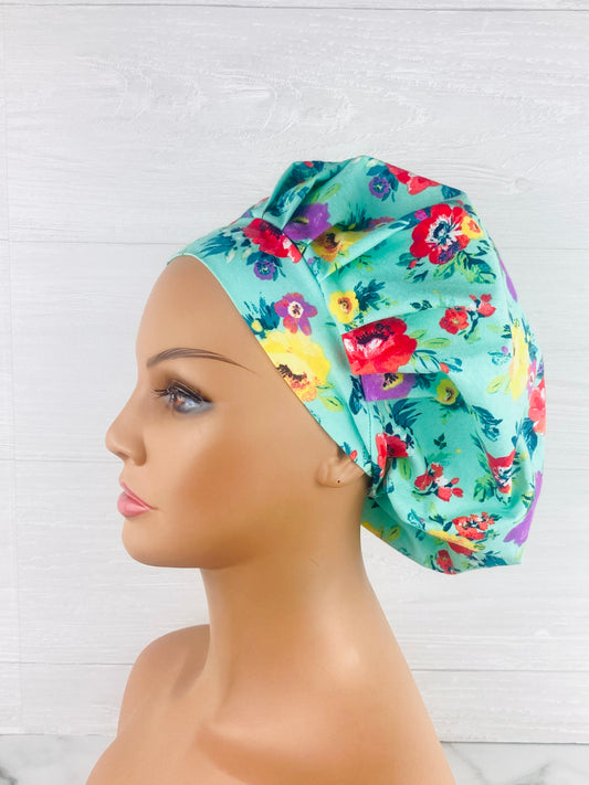 Aqua Floral Bouffant Scrub Cap