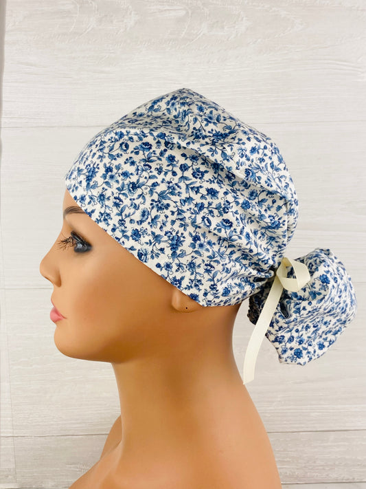 Blue Cottage Floral Ponytail Hat handmade cotton scrub cap