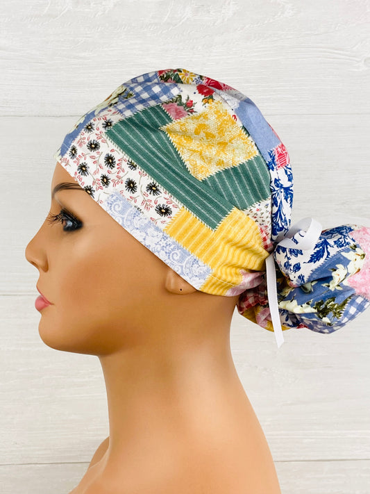 Boho Patch Floral Ponytail Hat handmade cotton scrub cap