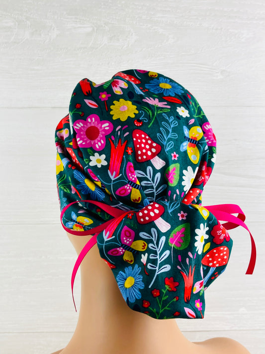 Mushroom Floral Ponytail Scrub Hat