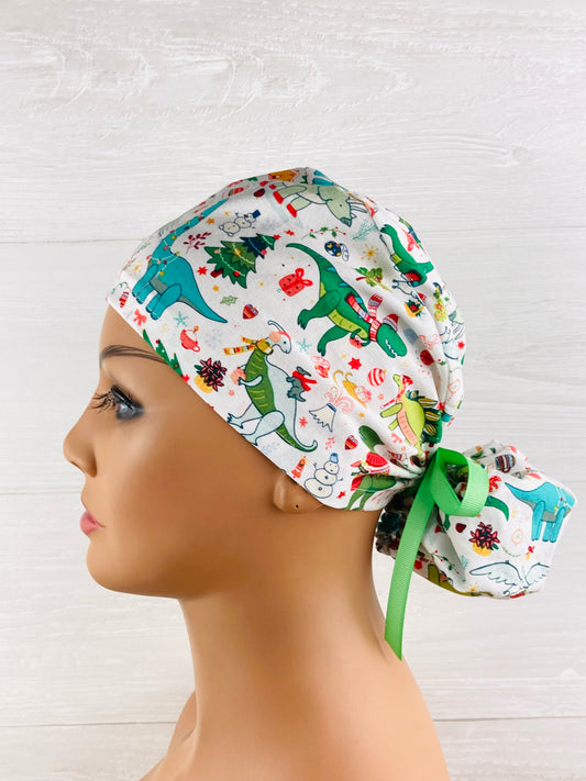 Christmas Dinos Ponytail Scrub Hat