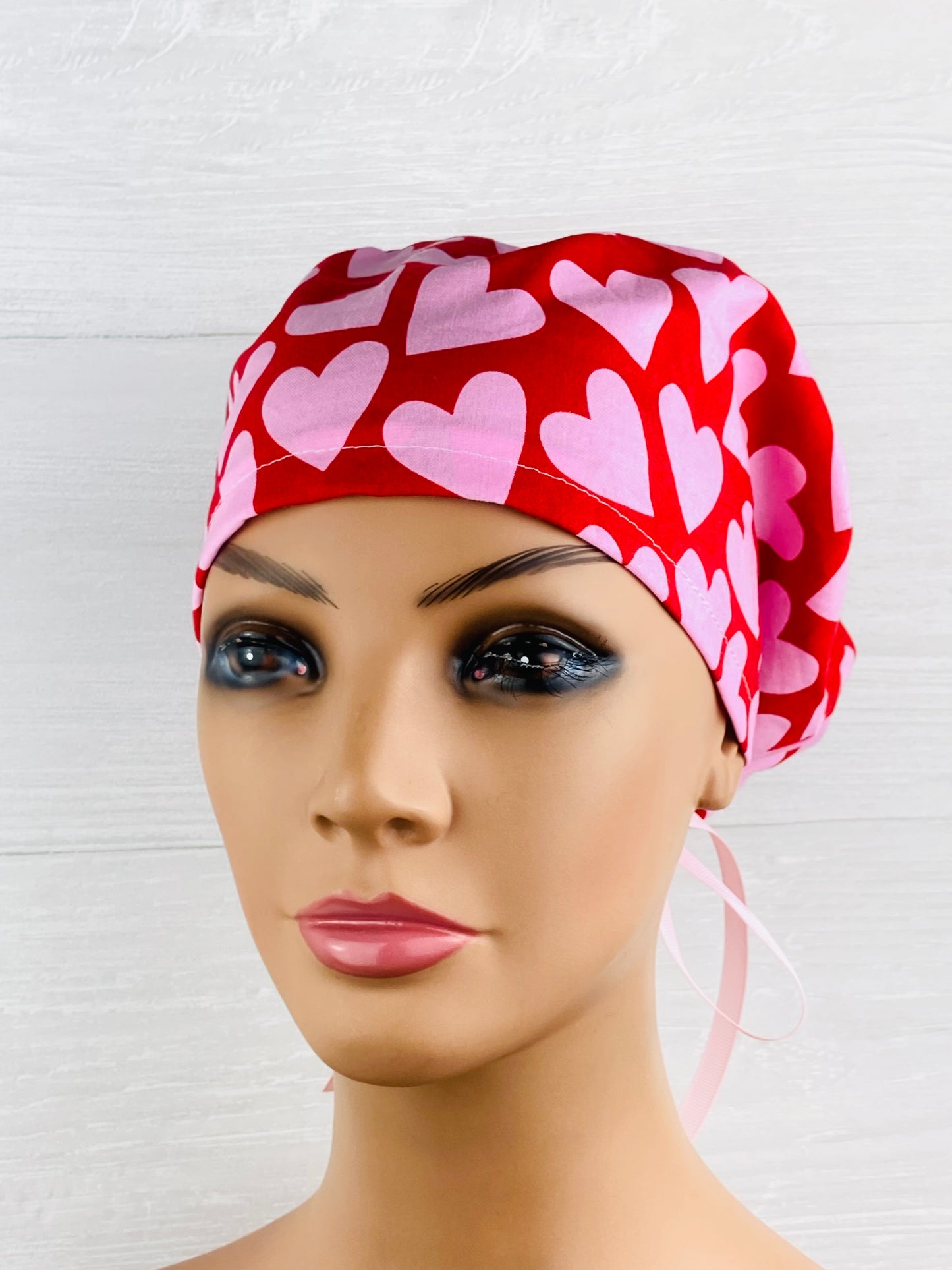 Pink Hearts on Red Women's Tieback Hat