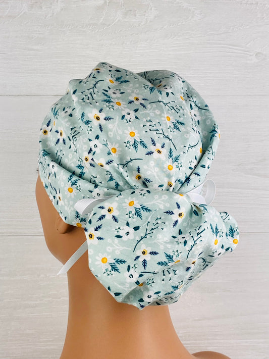 Mint Daisy Floral Ponytail Hat handmade cotton scrub cap