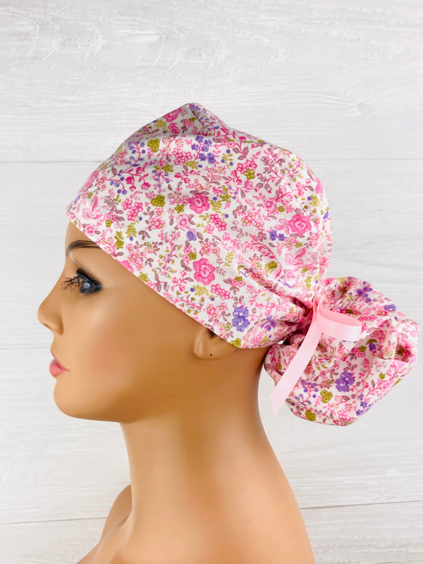 Dainty Pink and Purple Floral Ponytail Hat robotic surgery scrub cap handmade in USA premium cotton da Vinci operating room cap