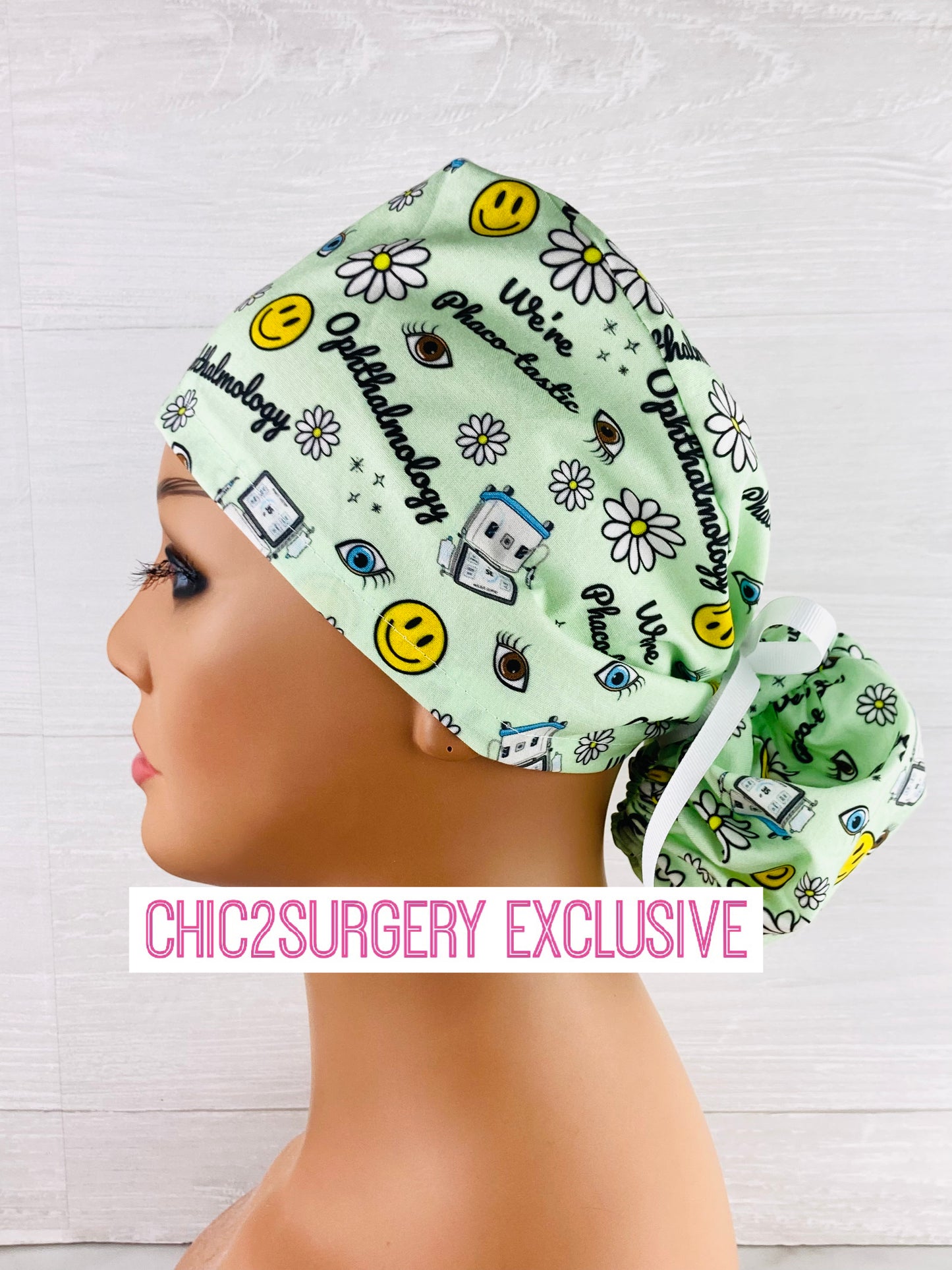 We're Phaco-tastic Ponytail Hat - Ophthalmology Scrub Hat scrub cap handmade in USA for ophthalmology surgeons nurses and surgical techs