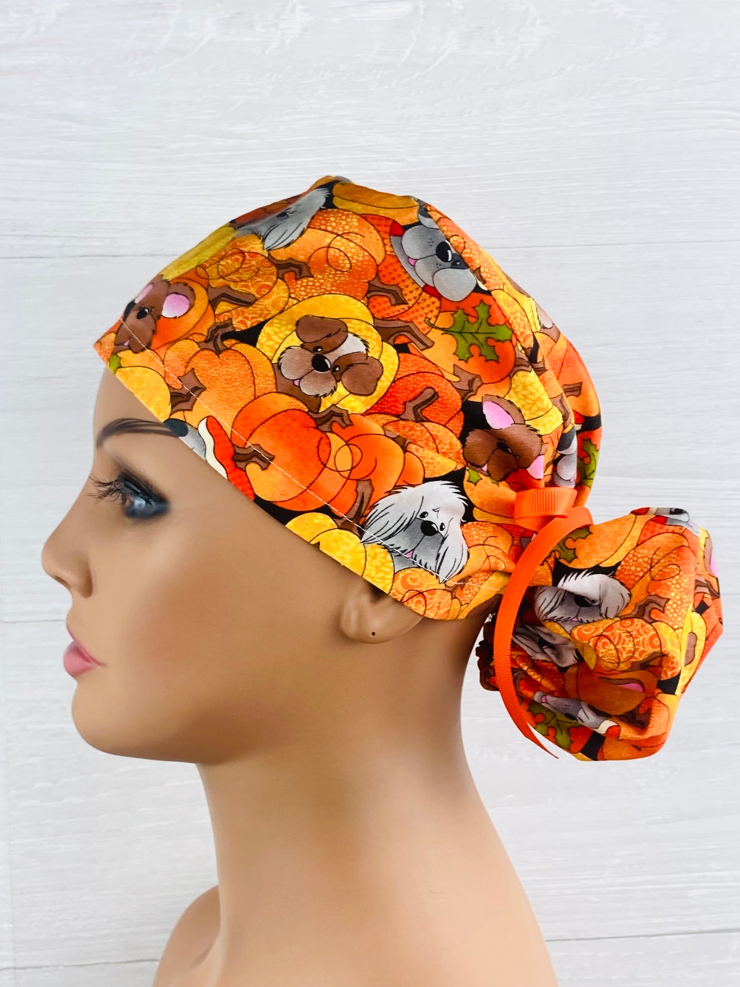 Pups and Pumpkins Ponytail Scrub Hat