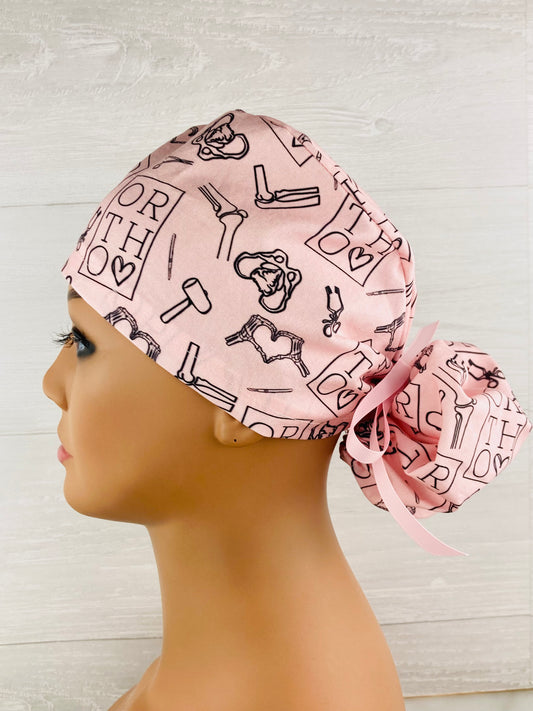 Ortho Love Pink Ponytail Scrub Cap