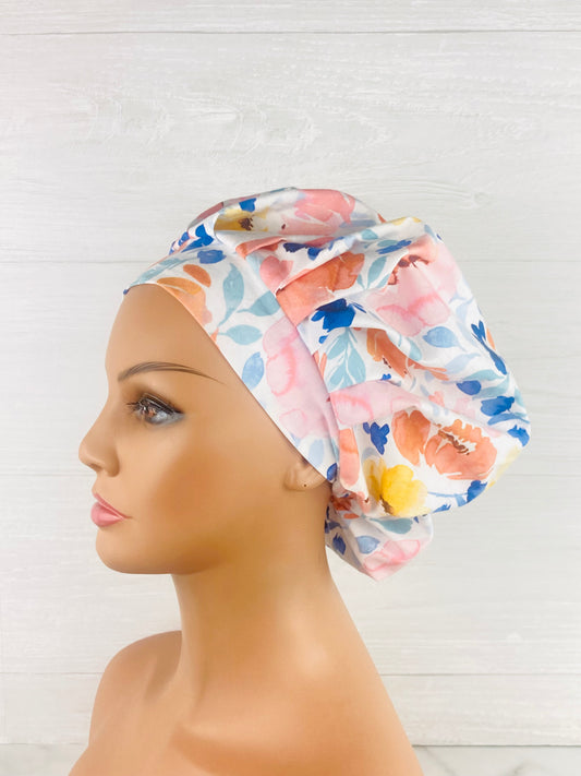 Coral and Navy Floral Bouffant Scrub Cap