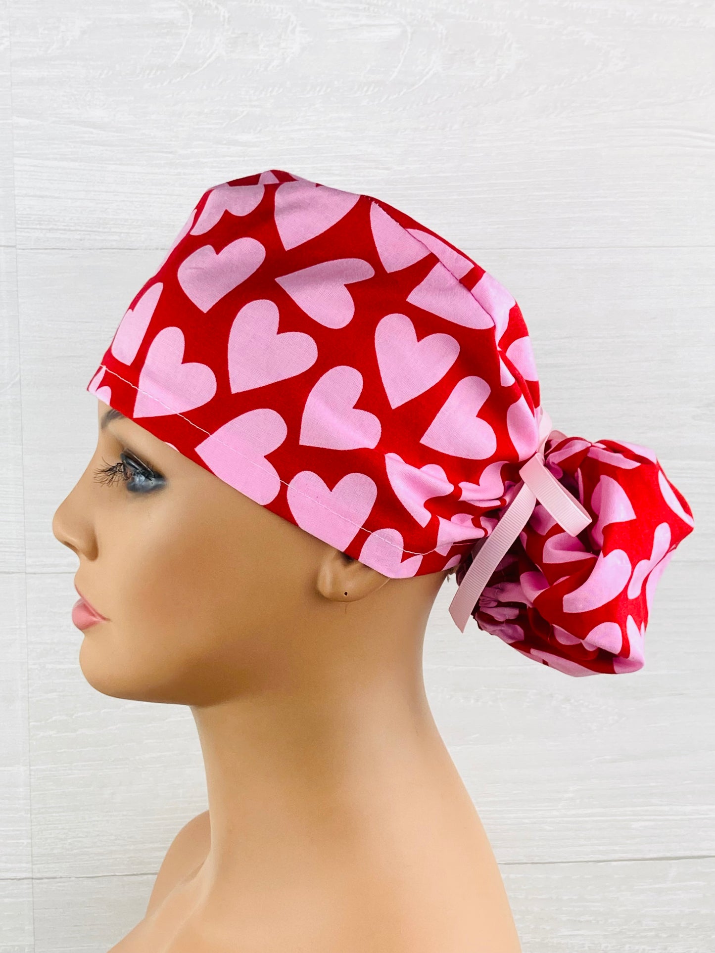 Pink Hearts on Red Ponytail Hat