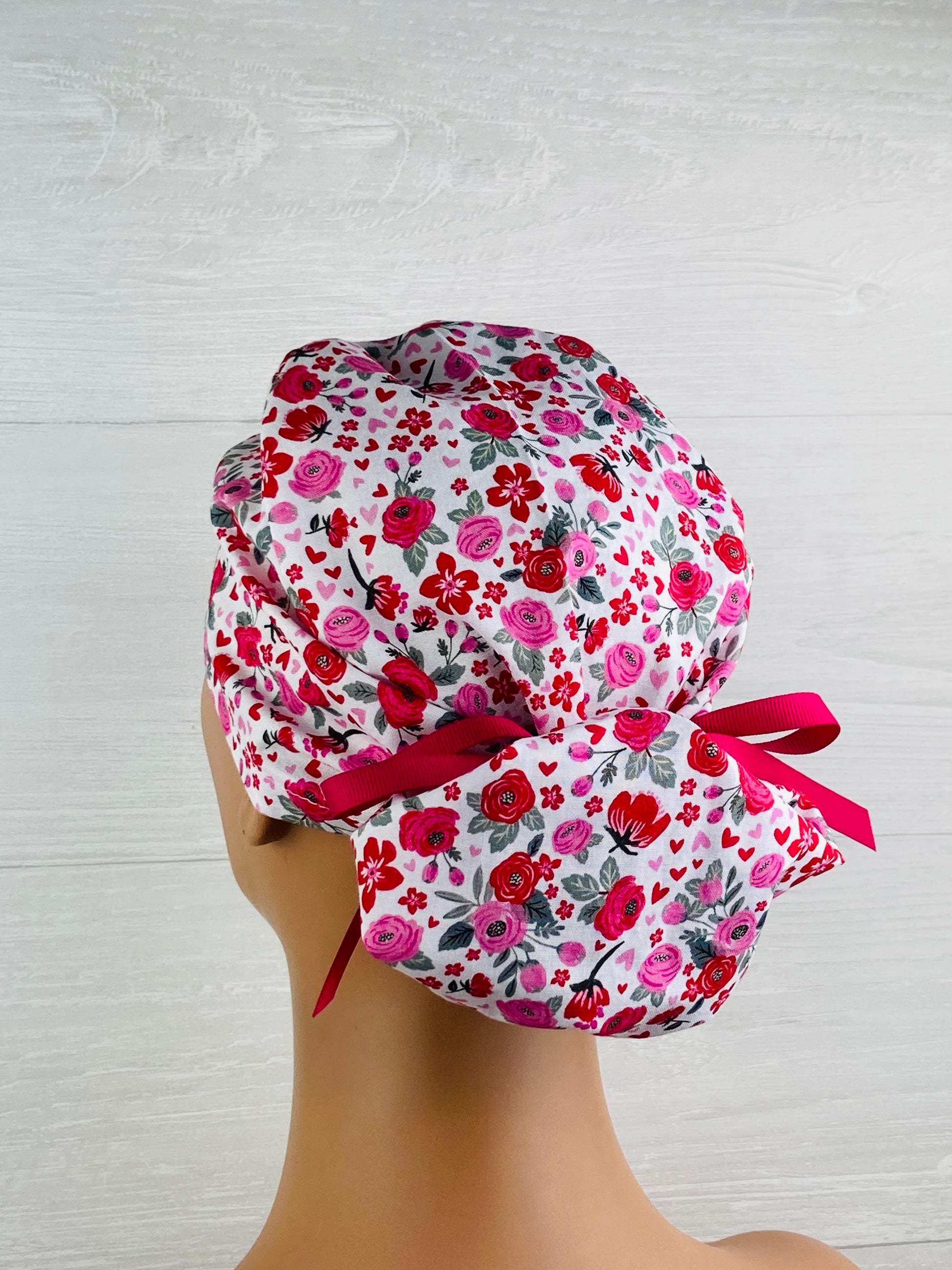 Cottage Valentine's Floral Ponytail Hat robotic surgery scrub cap handmade in USA premium cotton da Vinci operating room cap