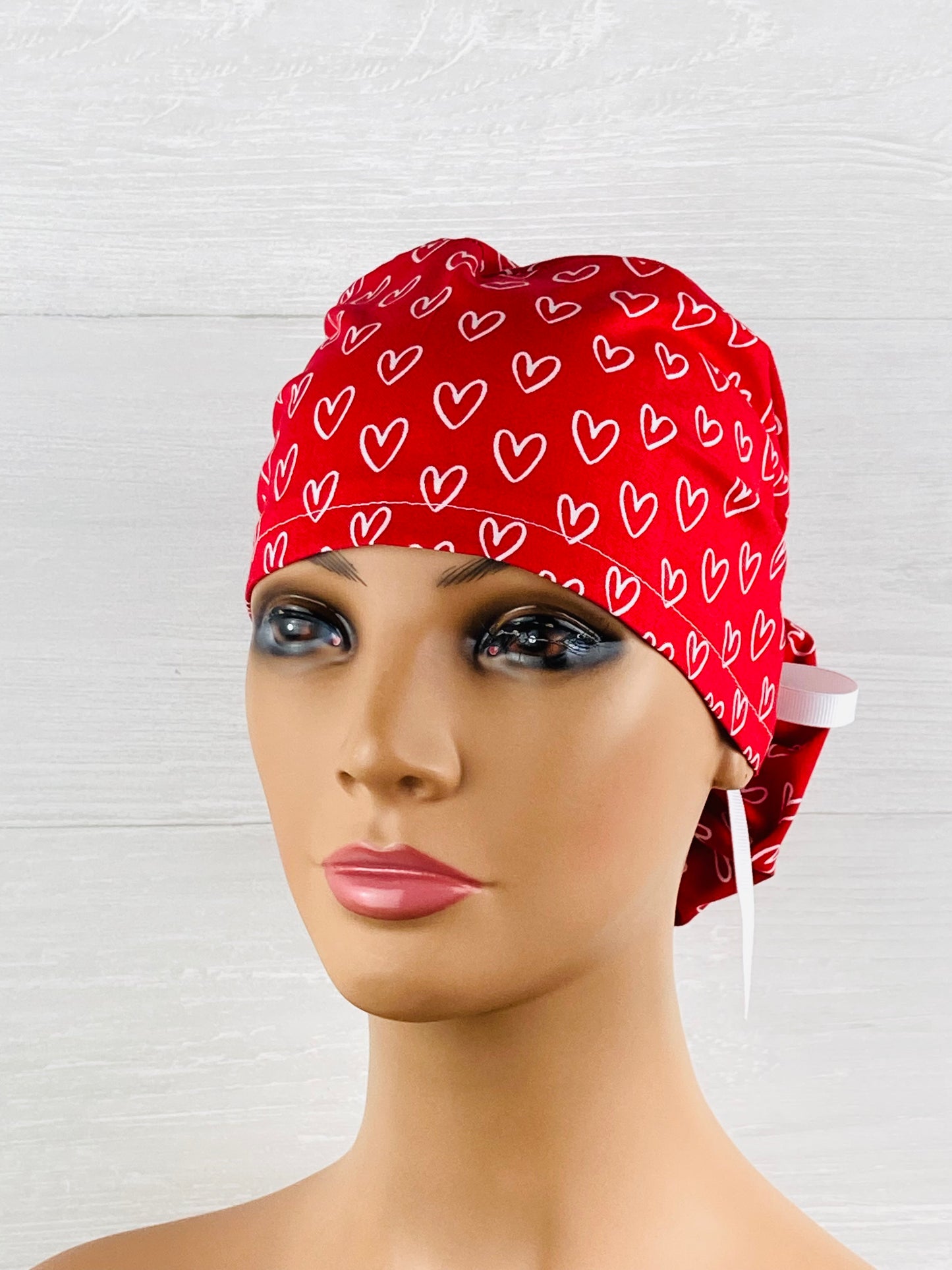 White Hearts on Red Ponytail Hat