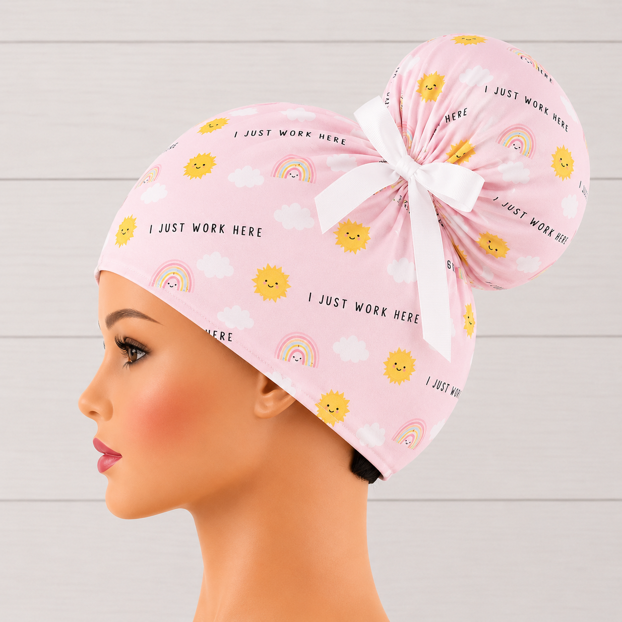 I Just Work Here High Bun Scrub Cap - Chic2Surgery