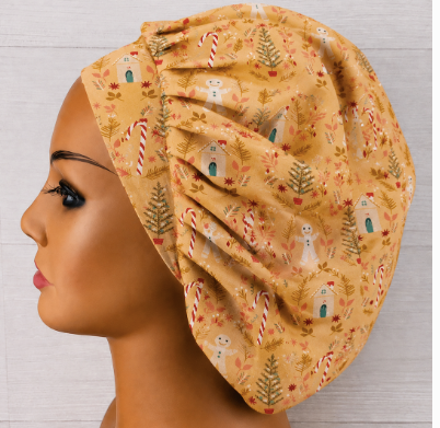 Yellow Gingerbread Christmas Bouffant Scrub Cap | Handmade Surgical Hat for Nurses