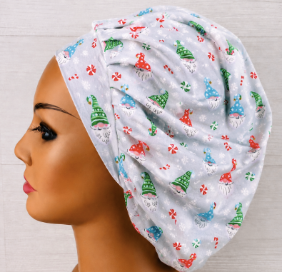 Christmas Gnomes and Peppermints Bouffant Scrub Cap | Handmade Surgical Hat for Nurses