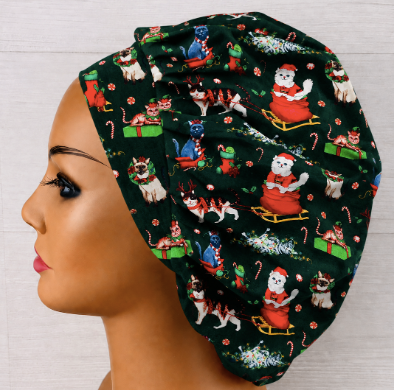 Christmas Santa Kitties Bouffant Scrub Cap | Handmade Surgical Hat for Nurses