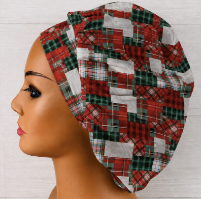 Christmas Patchwork Quilted Bouffant Scrub Cap | Handmade Surgical Hat for Nurses