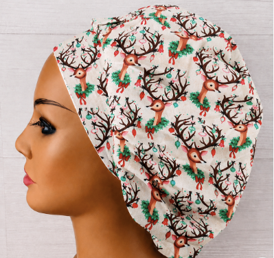 Christmas Reindeer on Pink Bouffant Scrub Cap | Handmade Surgical Hat for Nurses