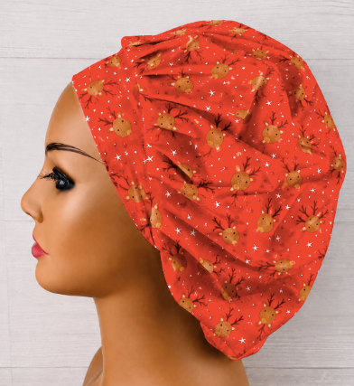 Christmas Reindeer on Red Bouffant Scrub Cap | Handmade Surgical Hat for Nurses (