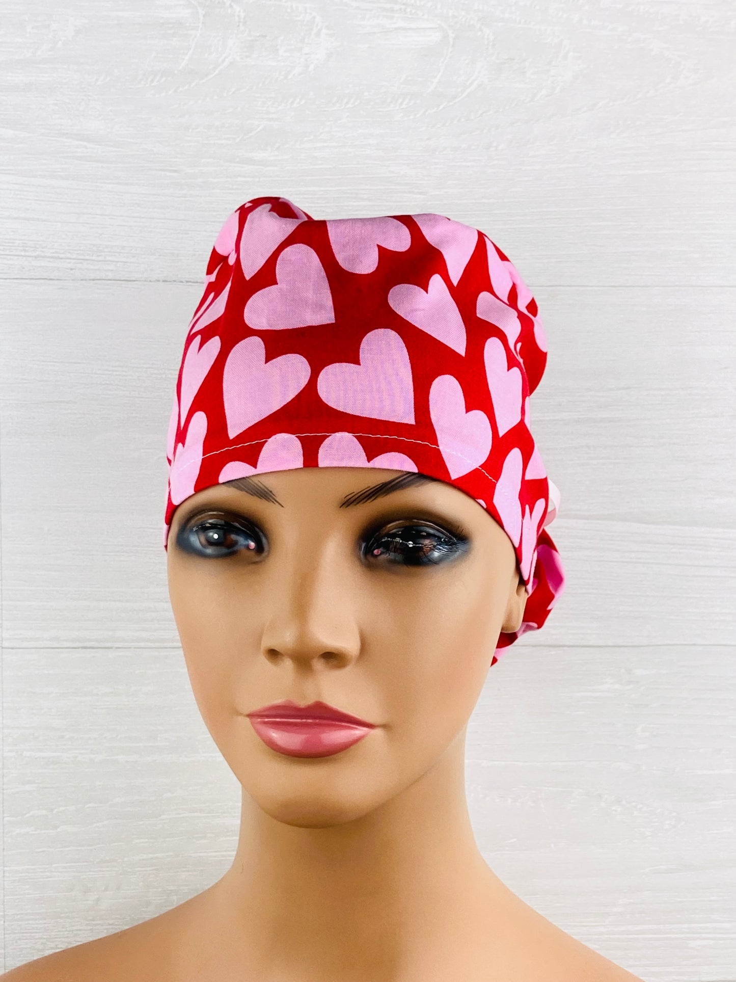 Pink Hearts on Red Ponytail Hat