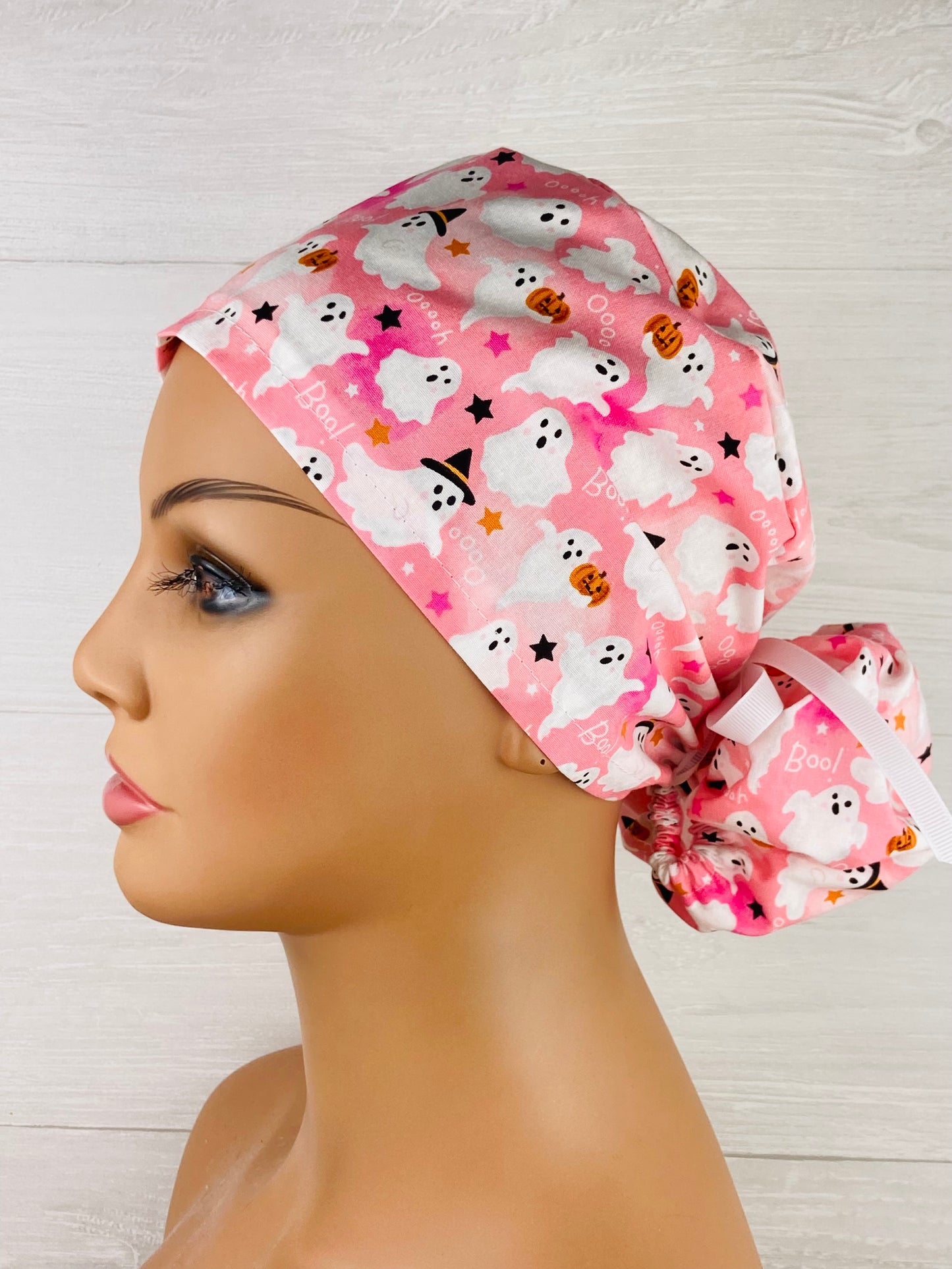 Halloween Ghosts and Stars in Pink Ponytail Scrub Hat - Chic2Surgery