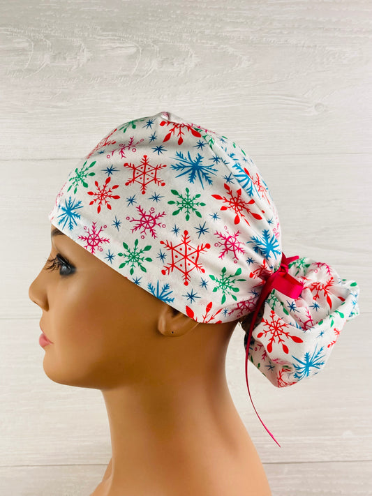 Snowflakes on White Ponytail Scrub Hat