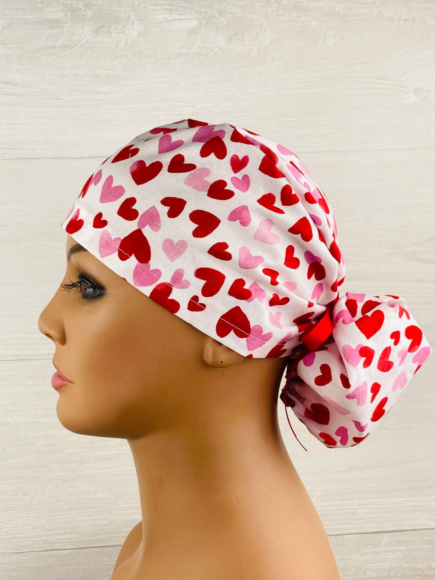 Red and Pink Hearts Ponytail Hat