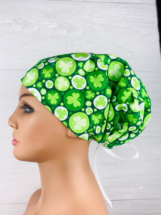 St Patricks's Day Clover Circles Women's Tieback Hat handmade St. Patrick's Day scrub cap