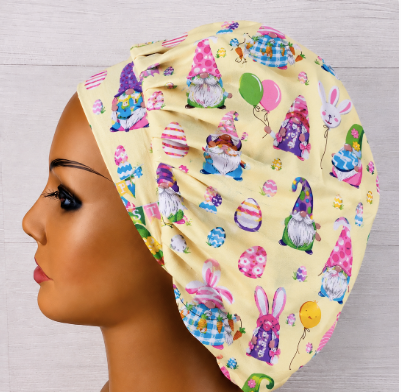 Easter Gnomes on Yellow Bouffant Scrub Cap | Handmade Surgical Hat for Nurses