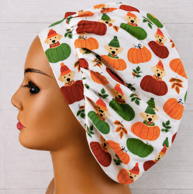 Fall Leaves on White Bouffant Scrub Cap | Handmade Surgical Hat for Nurses