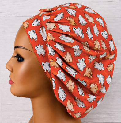 Glow in the Dark Ghosts Orange Bouffant Scrub Cap | Handmade Surgical Hat for Nurses