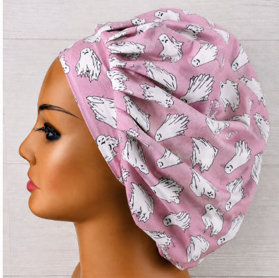 Glow in the Dark Ghosts Pink Bouffant Scrub Cap | Handmade Surgical Hat for Nurses