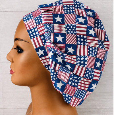 Patriotic July 4th Stars and Stripes Blocks Bouffant Scrub Cap | Handmade Surgical Hat for Nurses