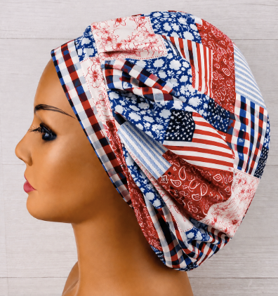 Patriotic July 4th Quilted Patchwork Bouffant Scrub Cap | Handmade Surgical Hat for Nurses