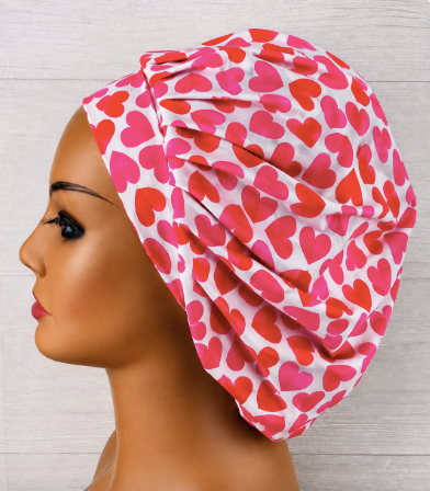 Valentine's Hearts on White Bouffant Scrub Cap | Handmade Surgical Hat for Nurses