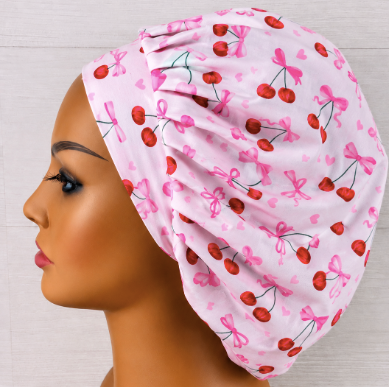 Bows and Cherries Bouffant Scrub Cap | Handmade Surgical Hat for Nurses