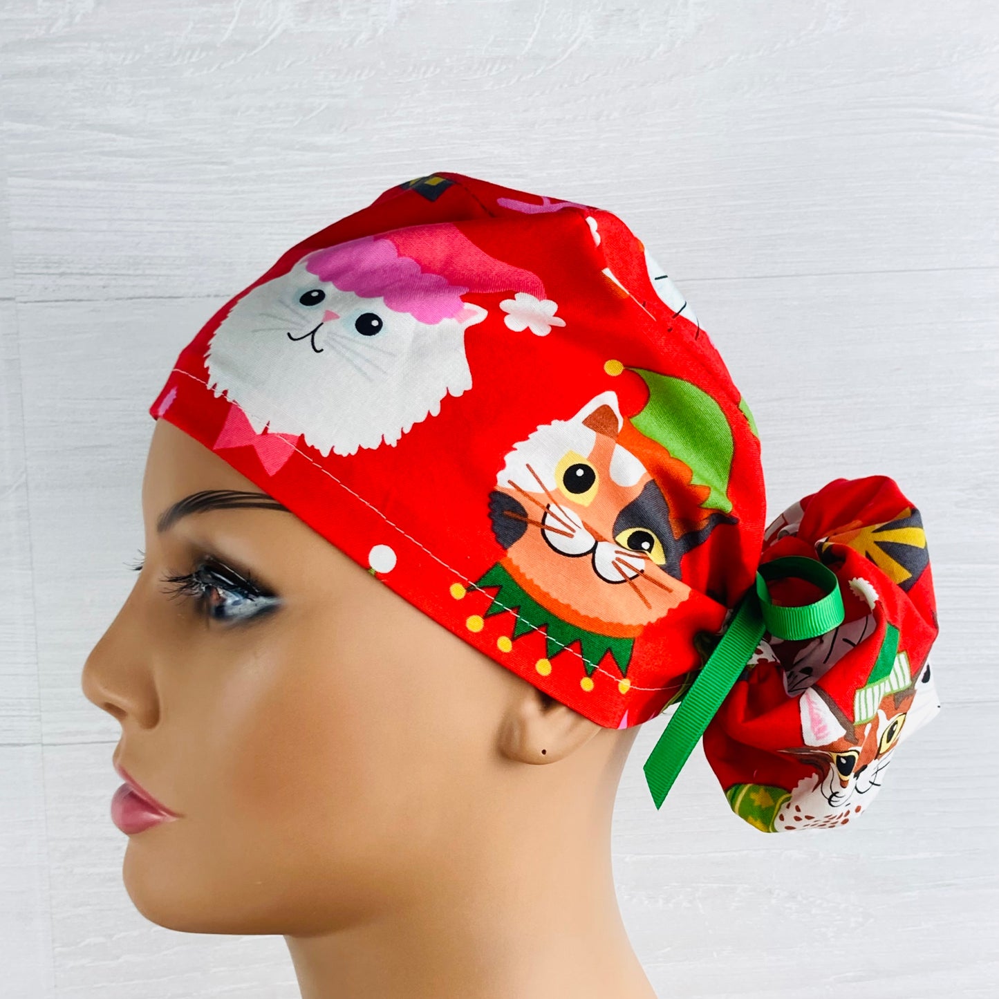 Christmas Cat Faces on Red Ponytail Hat