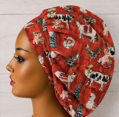 Christmas Farm Animals Blue Bouffant Scrub Cap | Handmade Surgical Hat for Nurses