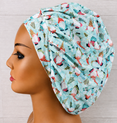 Christmas Gnomes on Light Blue Bouffant Scrub Cap | Handmade Surgical Hat for Nurses