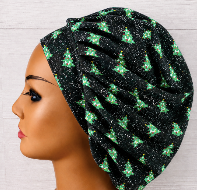 Christmas Trees on Black Bouffant Scrub Cap | Handmade Surgical Hat for Nurses