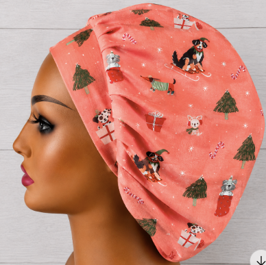 Christmas Dogs on Pink Bouffant Scrub Cap | Handmade Surgical Hat for Nurses