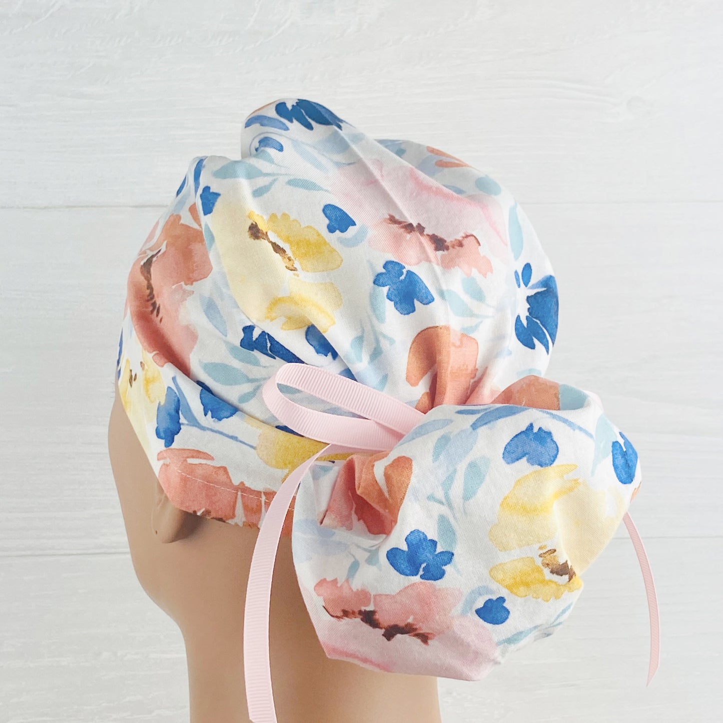 Coral and Navy Floral Ponytail Hat